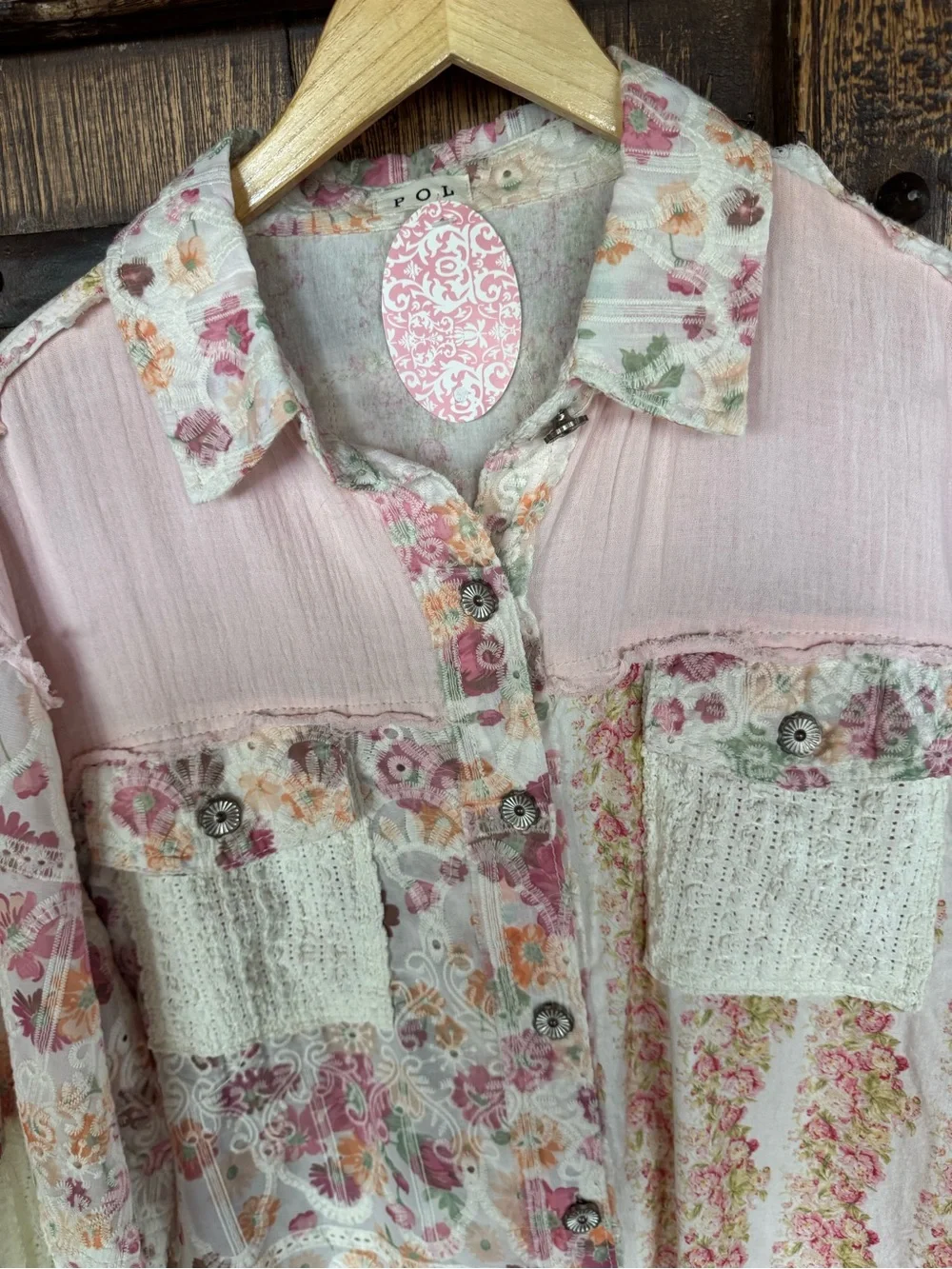 POL Patchwork Floral Button-Up Shirt Jacket in Pink & Cream - Picture 7 of 10